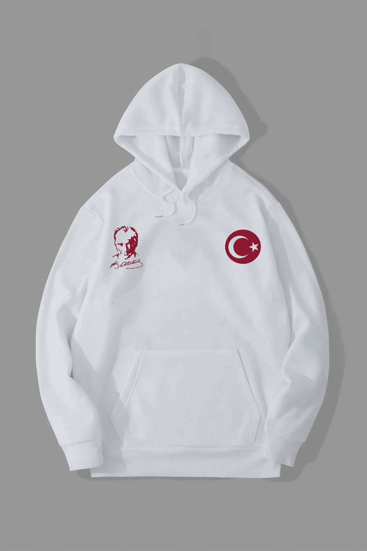 Erkek 10 Kasıma Özel 3 İplik Kapüşonlu Baskılı SweatShirt Hoodie - Beyaz