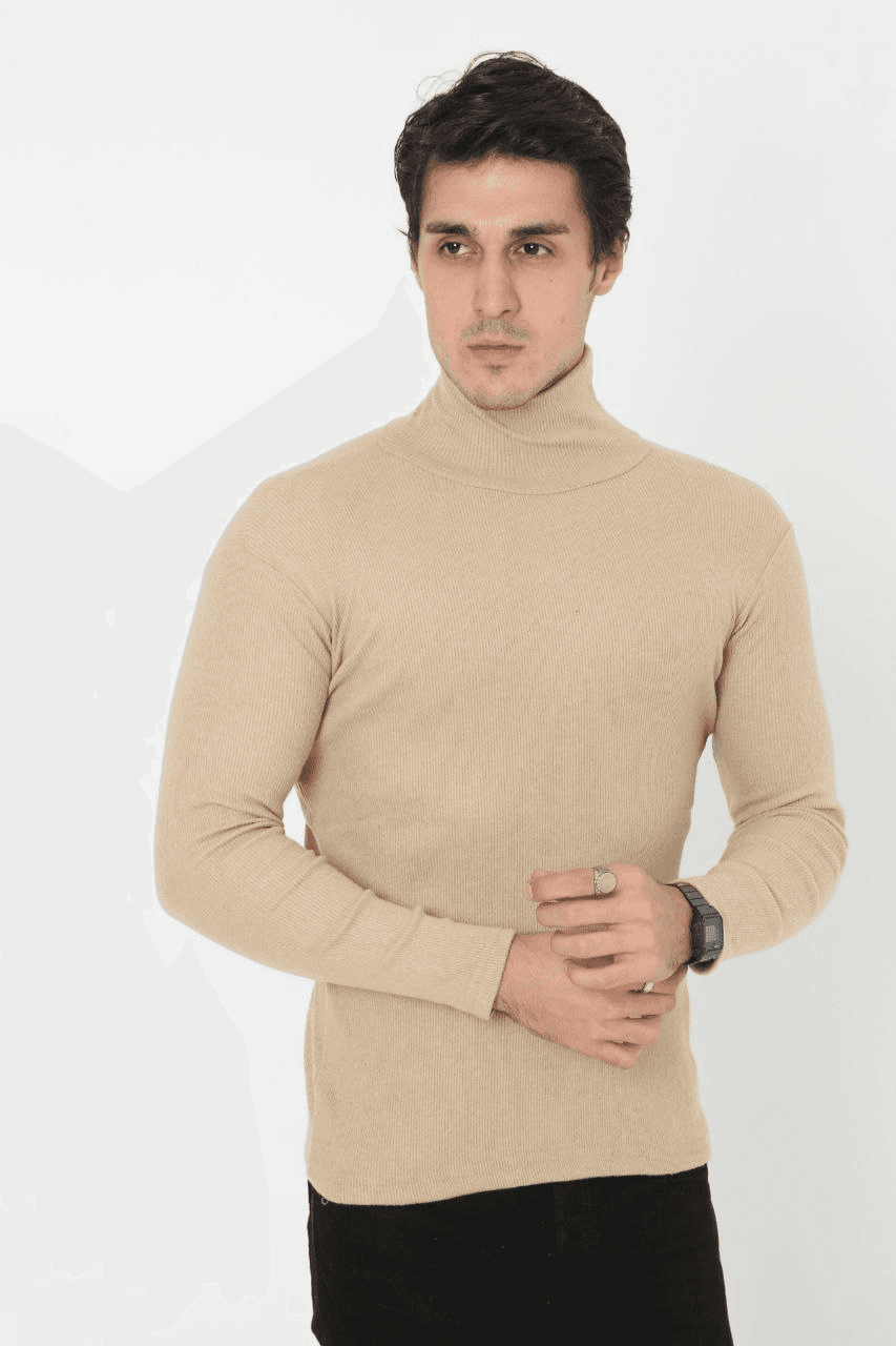 Erkek Fitilli Kaşkorse Kumaş Boğazlı Full Likralı Slimfit Body - Bej