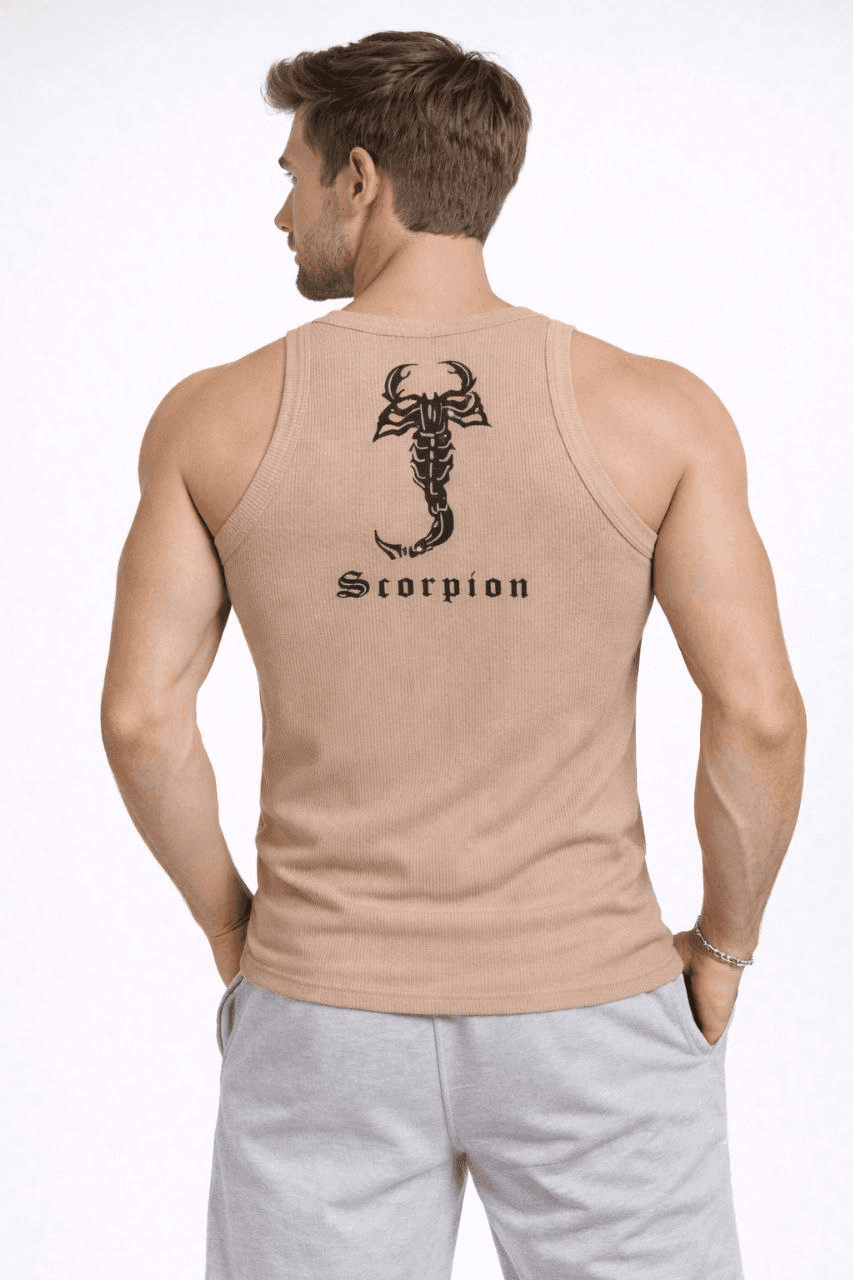 Erkek Fitilli Atlet Sıfır Yaka Slim Fit Arka Baskılı Spor Atlet - Bej
