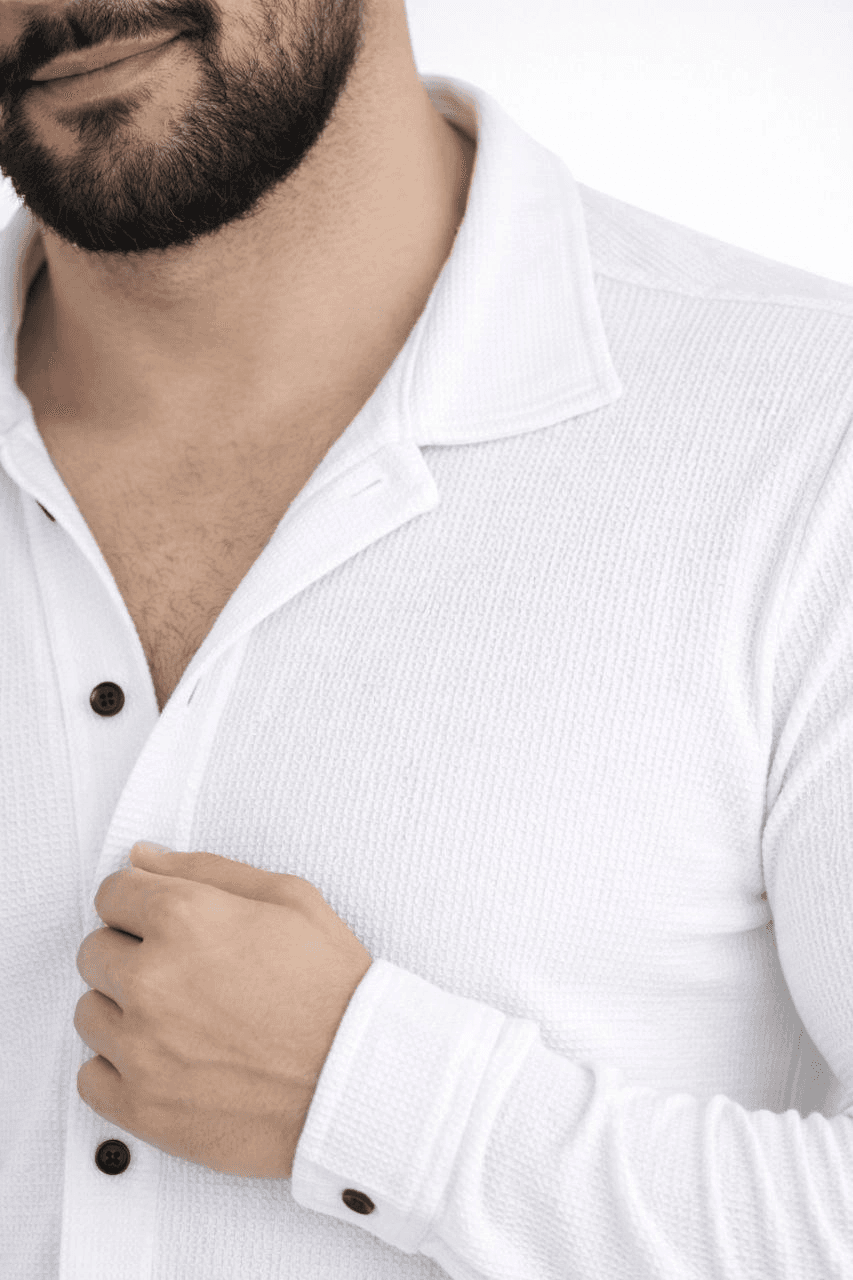 Erkek Waffle Kumaş Uzun Kollu Düğmeli Açık Yaka Regular Fit Gömlek - Beyaz