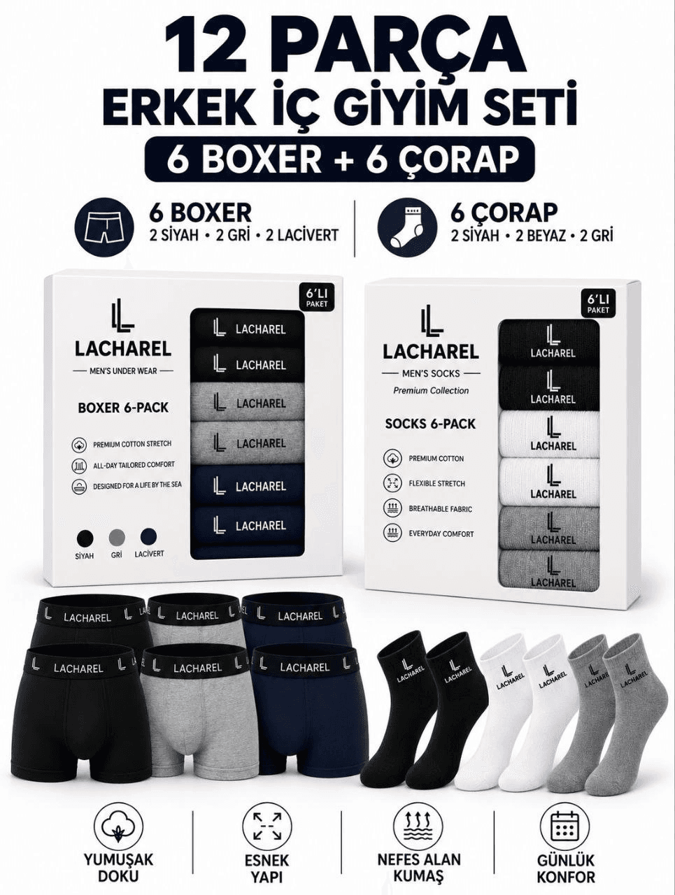 Erkek 12'li İç Giyim Seti Pamuklu 6 Boxer 6 Çorap Çoklu Paket - Siyah - Lacivert - Gri - Beyaz — görsel 1 / 3