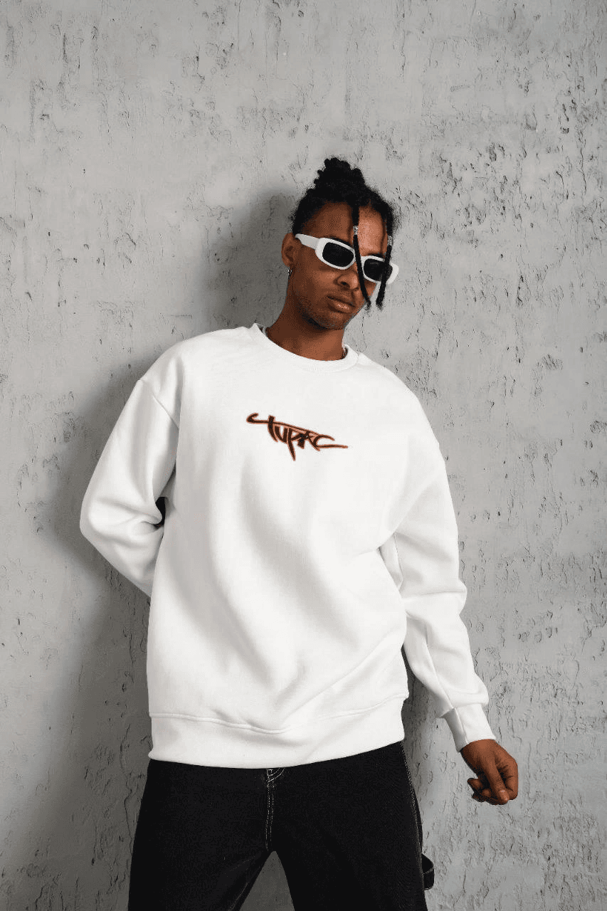 Erkek 3 İplik Pamuklu Bisiklet Yaka Gangster Baskılı Sweatshirt - Beyaz