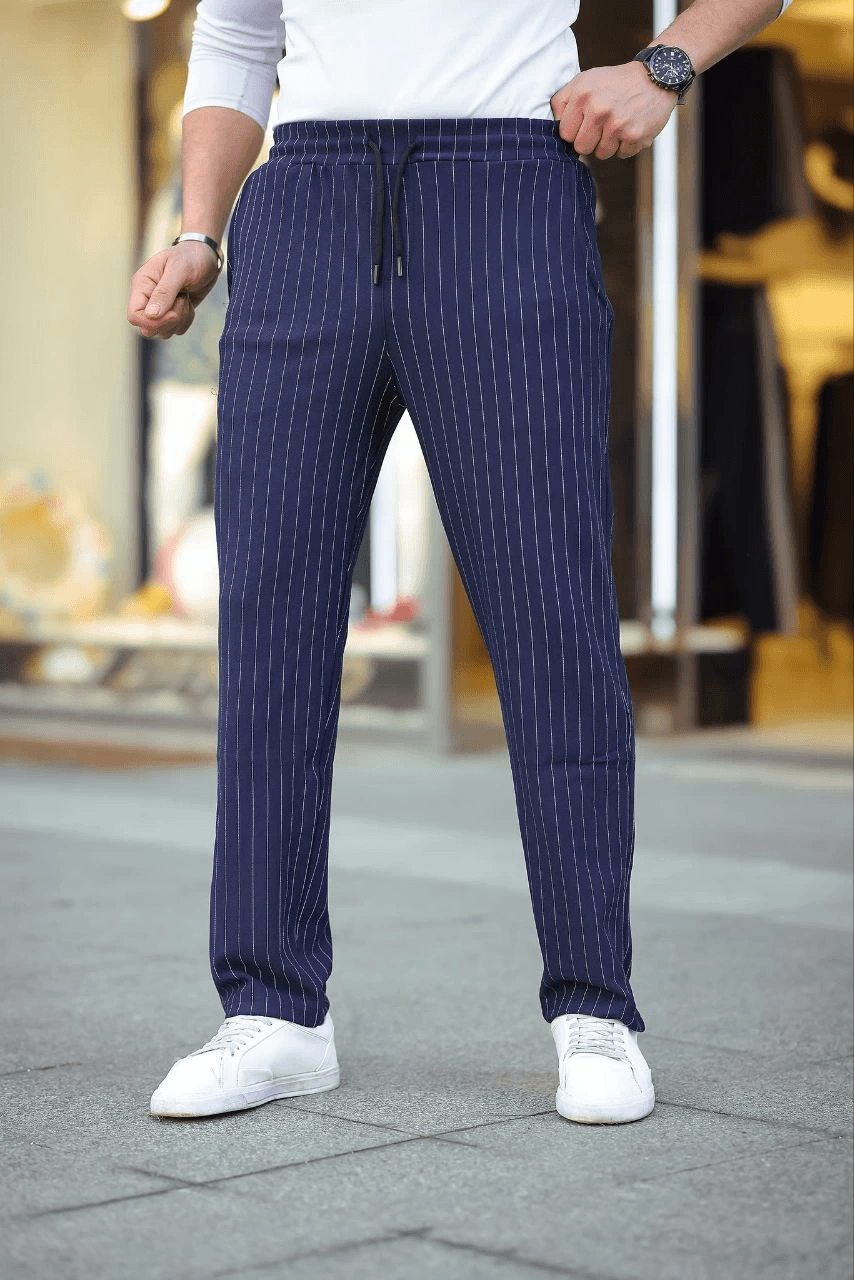 Erkek Cizgili Dokuma Krep Jogger Buggy Pantalon Rahat kalıp - Lacivert