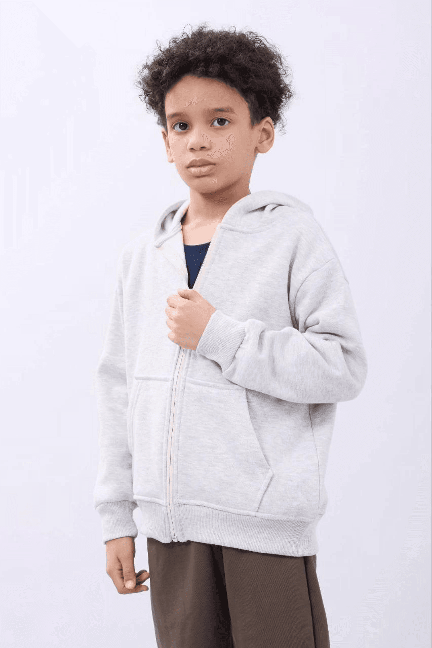Erkek Çocuk Kapüşonlu Kanguru Cepli Tam Fermuarlı Hırka SweatShirt - Gri — görsel 1 / 2