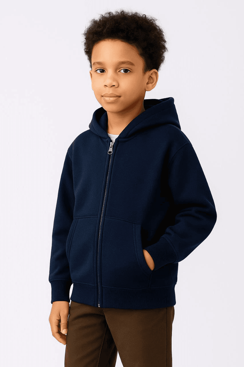 Erkek Çocuk Kapüşonlu Kanguru Cepli Tam Fermuarlı Hırka SweatShirt - Lacivert — görsel 1 / 3