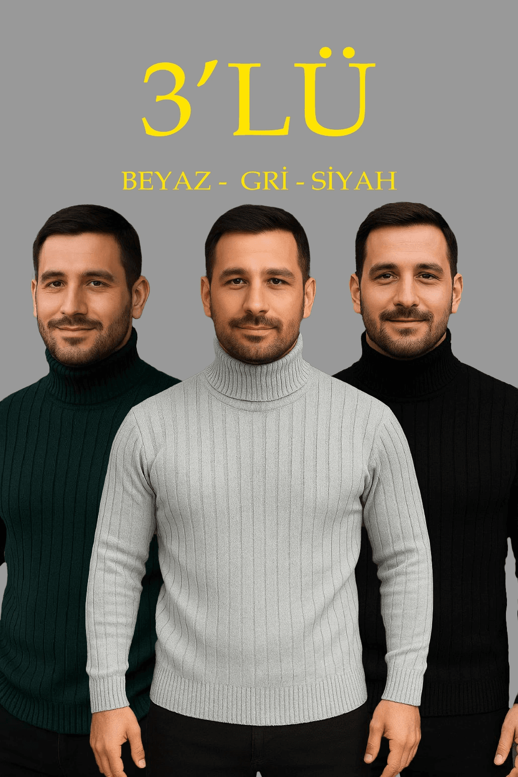 Erkek Fitilli Kazak Tam Boğazlı Balıkçı Yaka Triko 3'lü Set Gri-Haki-Siyah