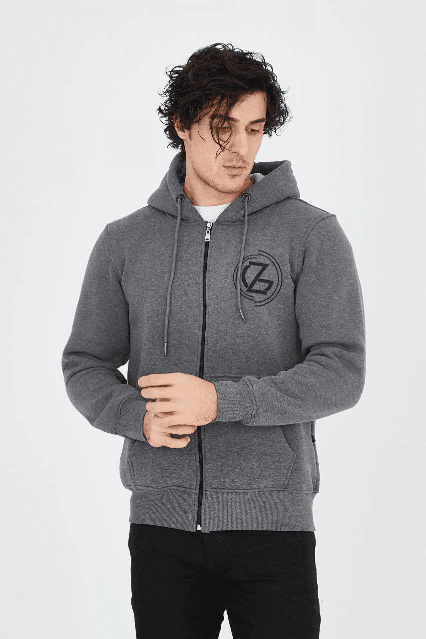 Erkek 3 İplik Pamuklu Fermuarlı Kapüşonlu Kanguru Cepli Baskılı Hoodie Hırka Sweatshirt - Füme