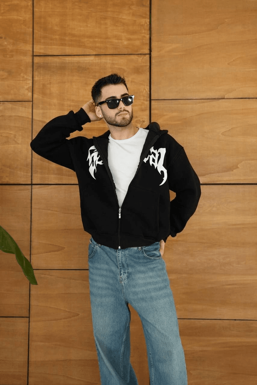 Erkek Kapüşonlu 3 İplik Şardonlu Önü Baskılı Fermuarlı Oversize Sweatshirt - Siyah