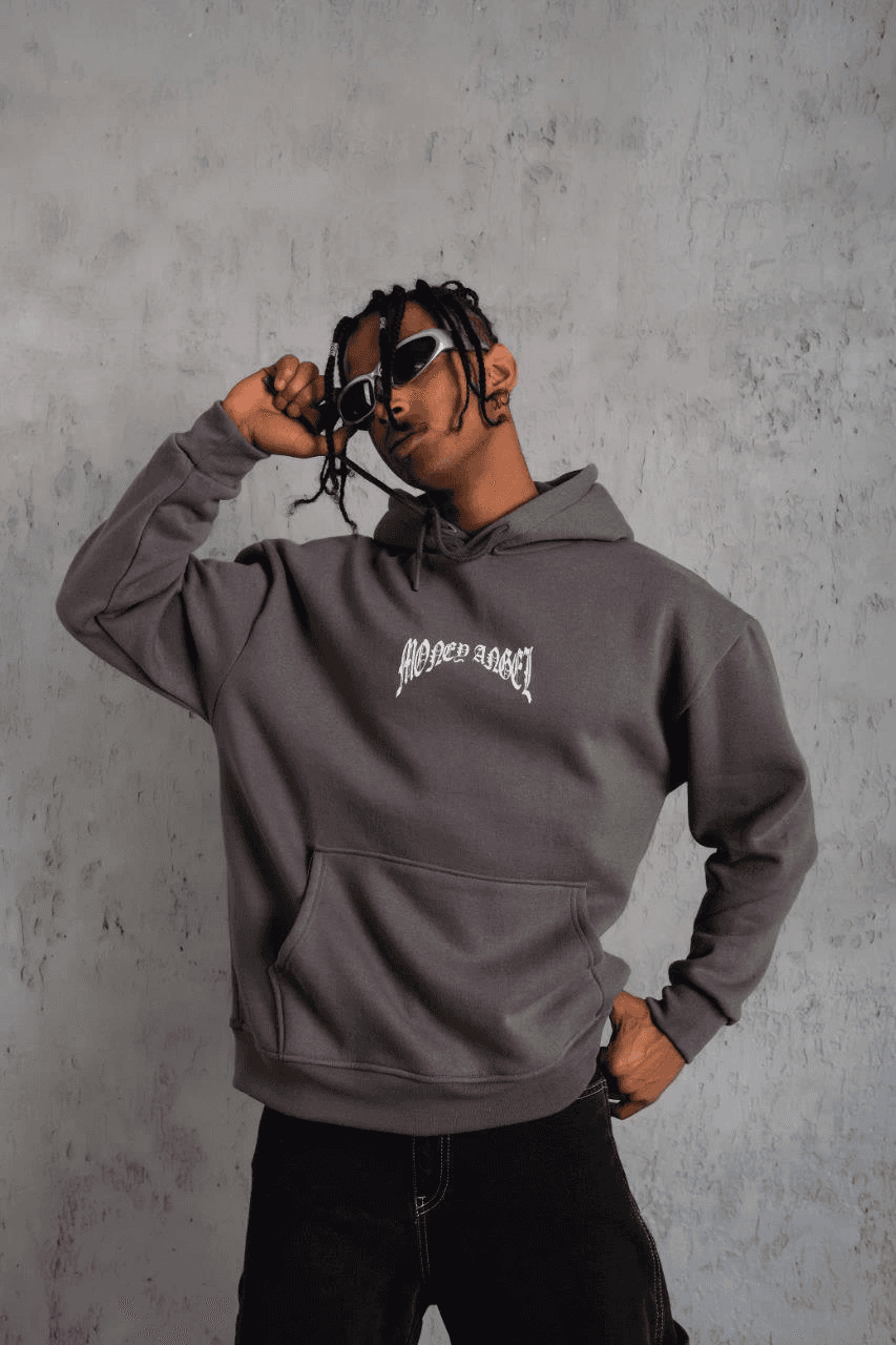 Erkek 3 İplik Pamuklu Baskılı Kapüşonlu Cepli Sweatshirt Hoodie - Füme