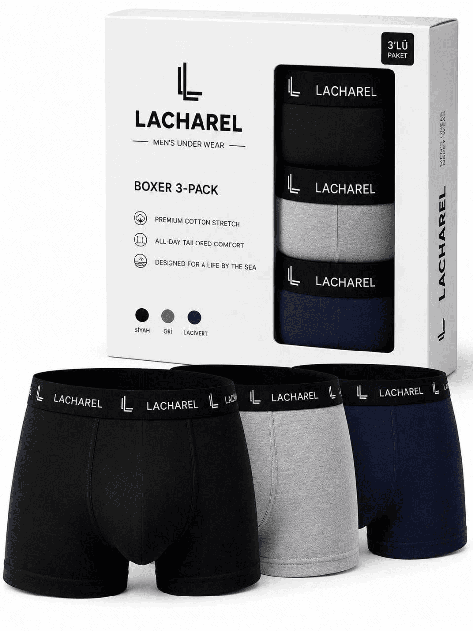 Erkek Likralı Pamuklu Nefes Alan Penye Boxer 3'lü Paket - Siyah - Gri - Lacivert — görsel 1 / 6