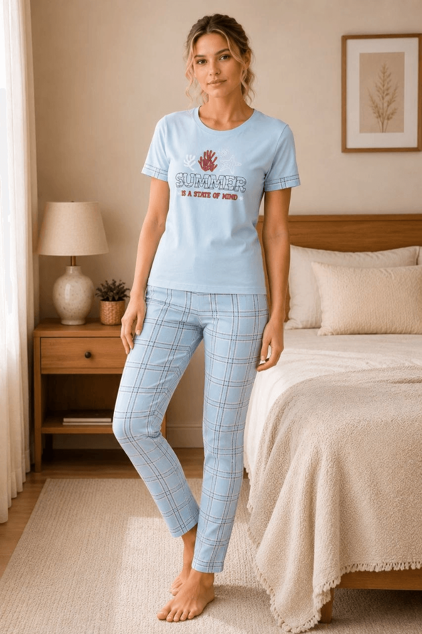 Kadın Pamuklu Penye Baskılı Kısa Kollu Bisiklet Yaka Ekose Desenli Pijama Takımı - Mavi — görsel 1 / 4