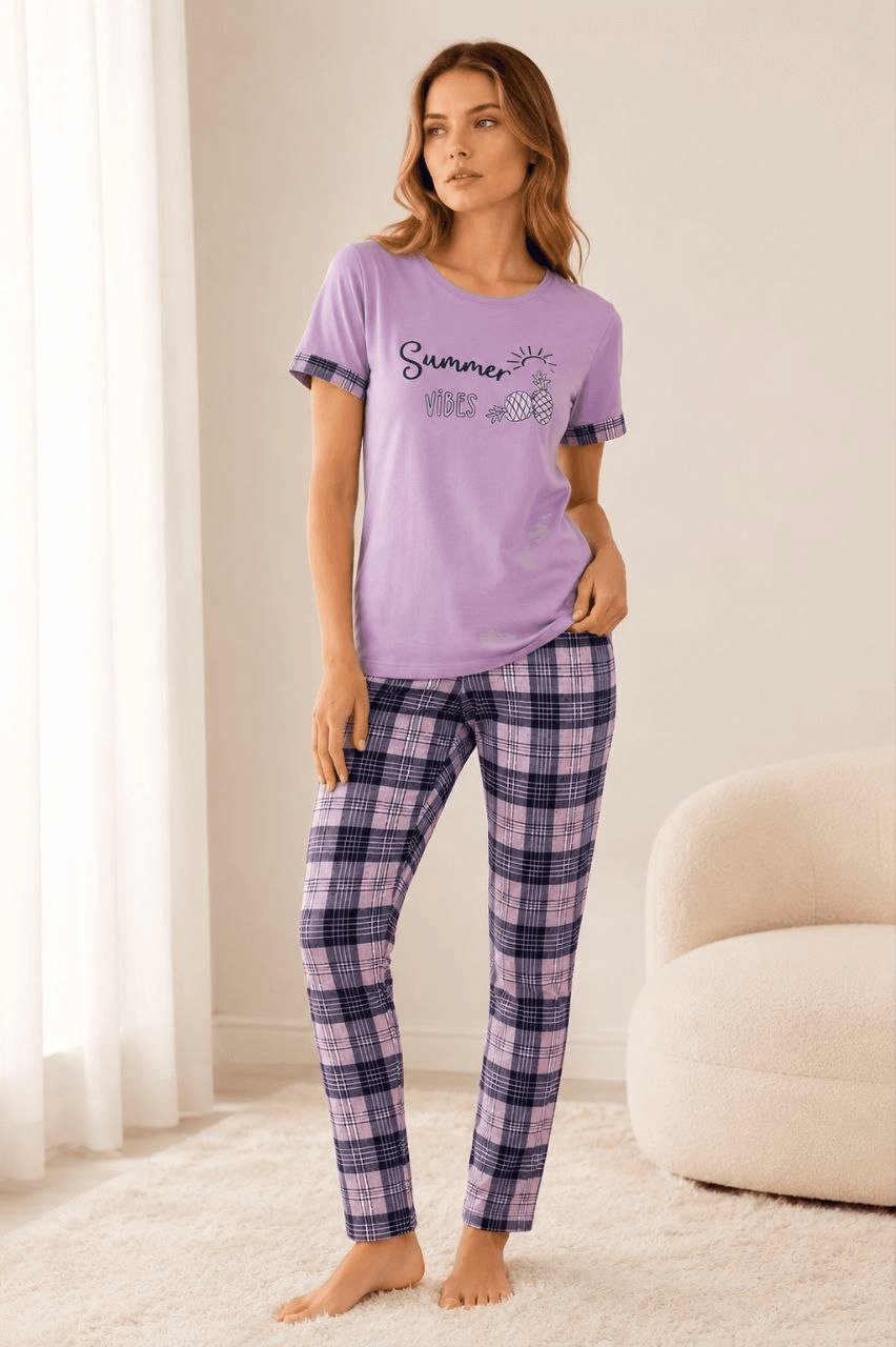 Kadın Pamuklu Penye Summer Baskılı Kısa Kollu Pijama Takımı Bisiklet Yaka Ekose Desenli - Lila — görsel 1 / 4