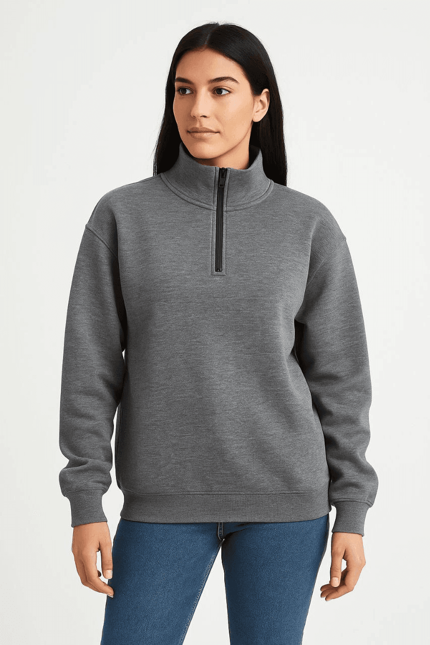Kadın 3 İplik Pamuklu Dık Yaka Yarım Fermuarlı SweatShirt - Antrasit