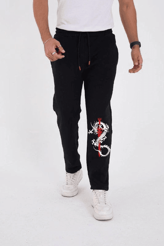 Erkek Kışlık Üç İplik Baskılı Eşofman Pantolon - Siyah