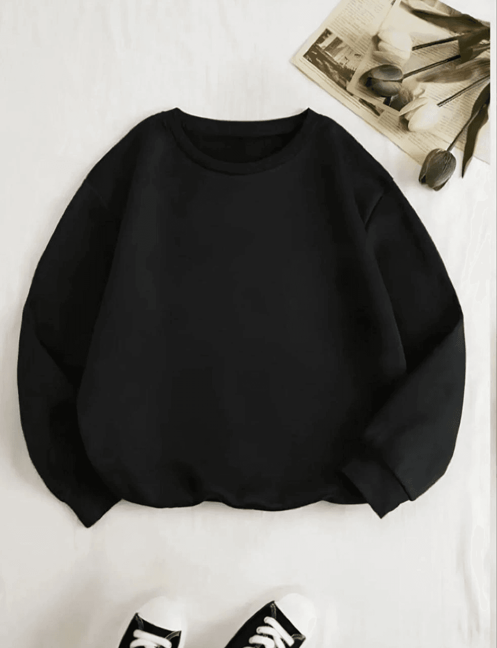 Kadın 3 İplik Pamuklu Bisikilet Yaka SweatShirt - Siyah