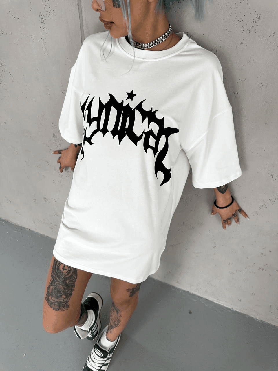 kadın Bisiklet Yaka Baskılı Oversize Kısa kol T-Shirt - Beyaz