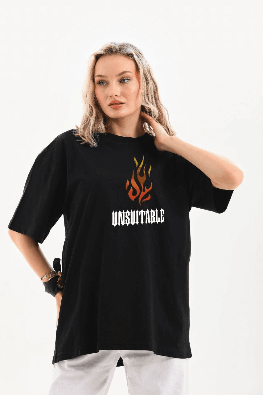 Kadın Baskılı T-Shirt Kısa Kol Bisiklet Yaka Oversize Rahat Kalıp Günlük Tişört - Siyah