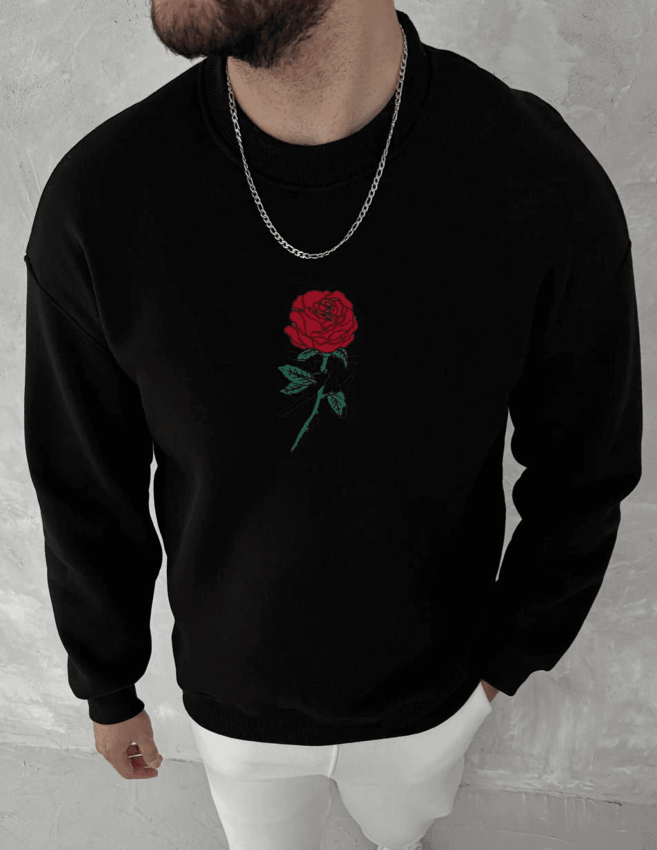 ERKEK 3 iplik Pamuklu Bisiklet Yaka Ön Ve Arka Baskılı SweatShirt - Siyah