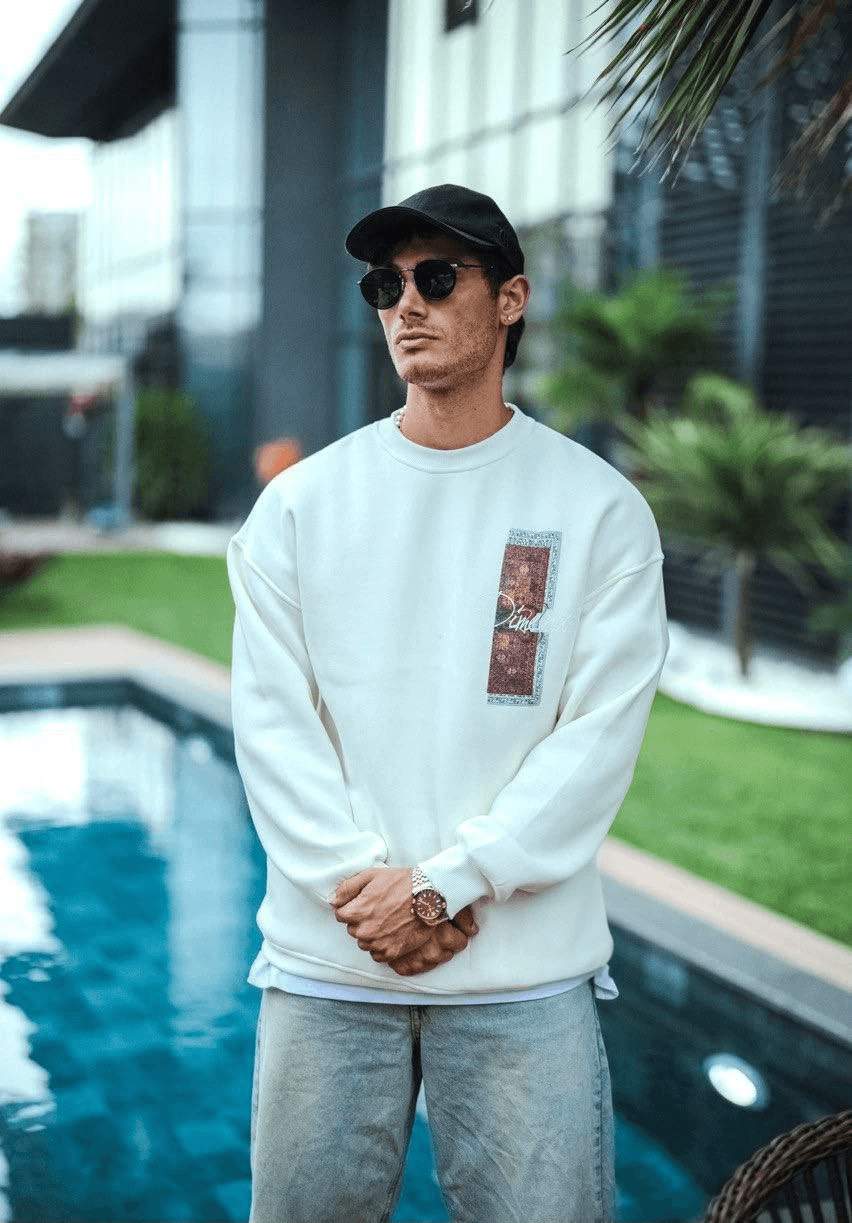 Erkek 3 iplik pamuklu Bisiklet Yaka Ön ve Arka Baskılı SweatShirt - Beyaz